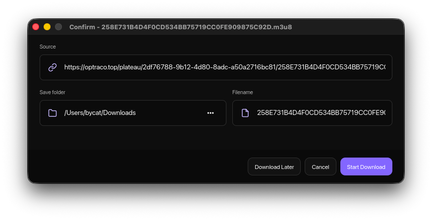 Purin download confirmation dialog showing source, save folder, filename, and start download action.